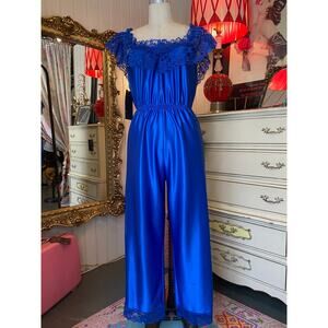 vintage 1970s blue nylon jumpsuit off the shoulders 70s Delores lingerie pants